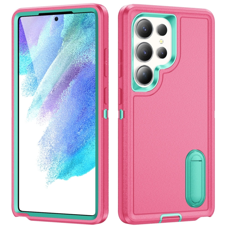 For Samsung Galaxy S25 Ultra 5G Rugged PC Hybrid Silicone Phone Case with Holder(Rose Red+Light Green) - Galaxy S25 Ultra 5G Cases by buy2fix | Online Shopping UK | buy2fix