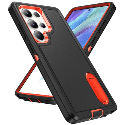 For Samsung Galaxy S25 Ultra 5G Rugged PC Hybrid Silicone Phone Case with Holder(Black+Orange) - Galaxy S25 Ultra 5G Cases by buy2fix | Online Shopping UK | buy2fix