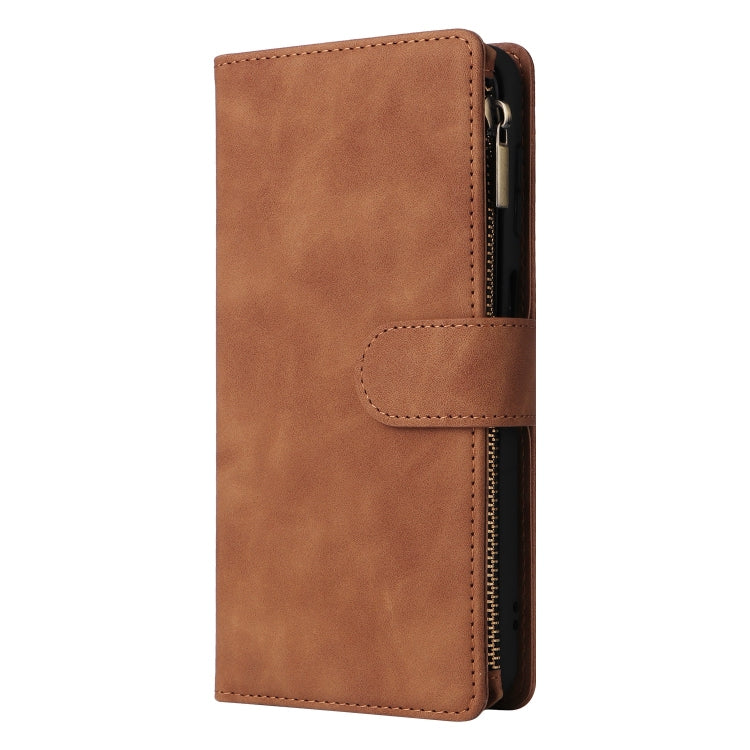 For Samsung Galaxy S25 5G Multifunctional Frosted Zipper Wallet Leather Phone Case(Brown) - Galaxy S25 5G Cases by buy2fix | Online Shopping UK | buy2fix