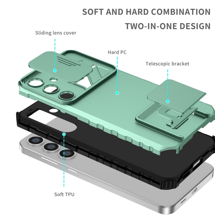 For Samsung Galaxy S25+ 5G Stereoscopic Holder Sliding Camshield Phone Case(Light Green) - Galaxy S25+ 5G Cases by buy2fix | Online Shopping UK | buy2fix