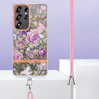 For Samsung Galaxy S25 Ultra 5G Flowers and Plants Series IMD TPU Phone Case with Lanyard(Purple Peony) - Galaxy S25 Ultra 5G Cases by buy2fix | Online Shopping UK | buy2fix