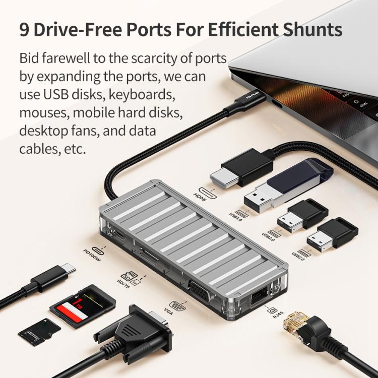 awei HUB-3 Multi-function 9 in 1 Type-C HUB Adapter(Grey) - USB 3.0 HUB by awei | Online Shopping UK | buy2fix