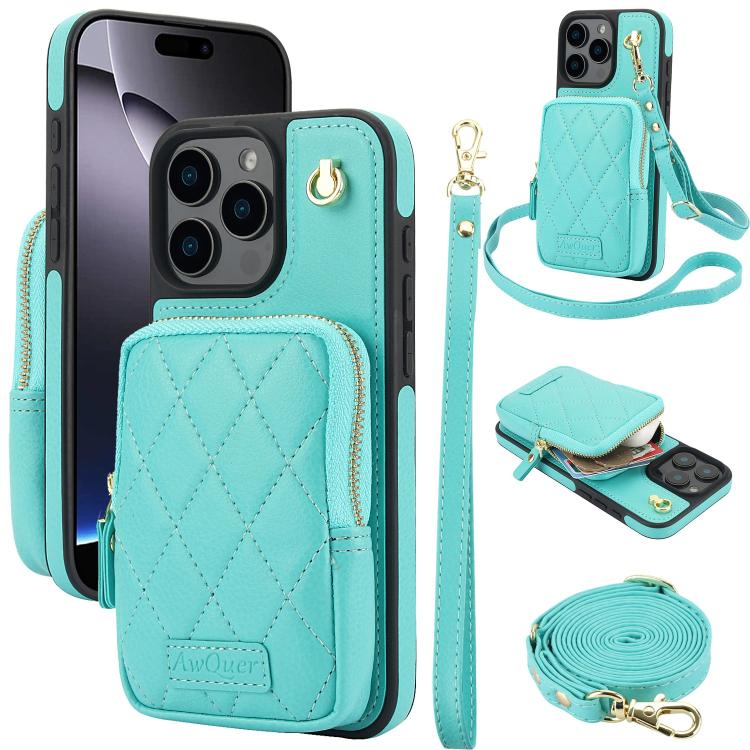 For iPhone 16 Pro AwQuer Crossbody Zipper Wallet Bag Litchi Leather Phone Case(Mint Green) - iPhone 16 Pro Cases by Awquer | Online Shopping UK | buy2fix