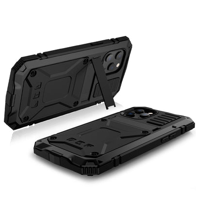 For iPhone 12 mini R-JUST Shockproof Waterproof Dust-proof Metal + Silicone Protective Case with Holder (Black) - iPhone 12 mini Cases by R-JUST | Online Shopping UK | buy2fix