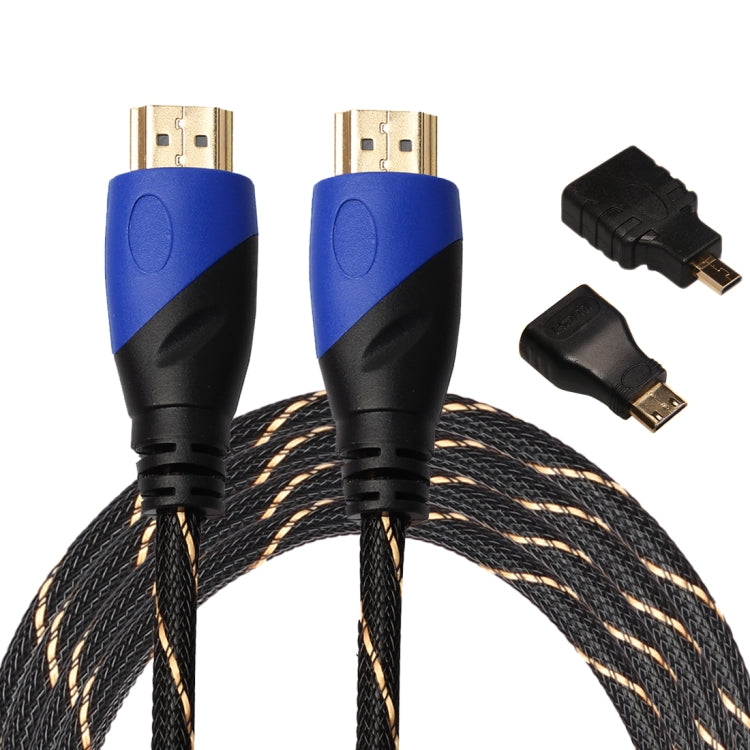 3m HDMI 1.4 Version 1080P Woven Net Line Blue Black Head HDMI Male to HDMI Male Audio Video Connector Adapter Cable with Mini HDMI & Micro HDMI Adapter Set - Cable by buy2fix | Online Shopping UK | buy2fix