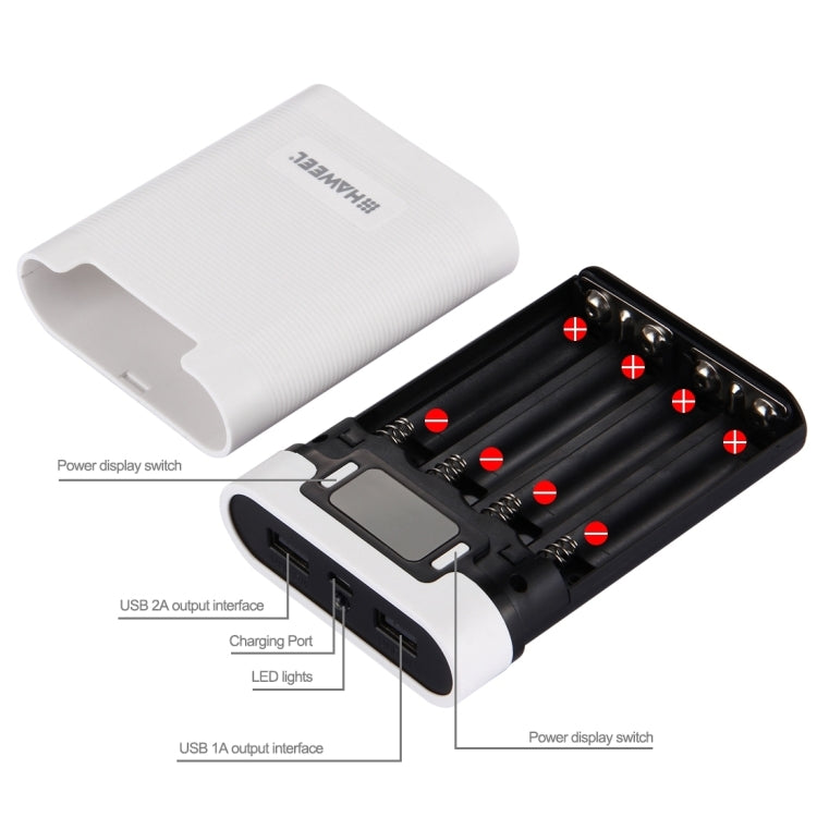 [US Warehouse] HAWEEL DIY 4 x 18650 Battery (Not Included) 10000mAh Power Bank Shell Box with 2 x USB Output & Display for iPhone, Galaxy, Sony, HTC, Google, Huawei, Xiaomi, Lenovo and other Smartphones(White) - Power Bank Box by HAWEEL | Online Shopping UK | buy2fix