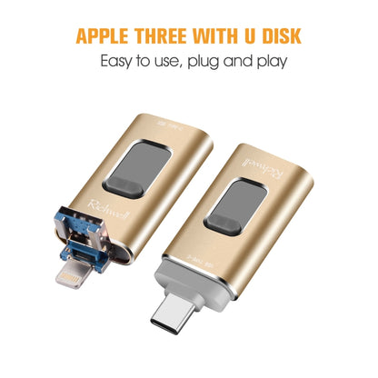 Richwell 3 in 1 16G Type-C + 8 Pin + USB 3.0 Metal Push-pull Flash Disk with OTG Function(Gold) - U Disk & Card Reader by Richwell | Online Shopping UK | buy2fix