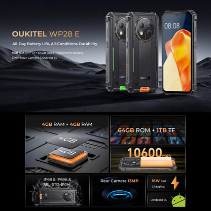 [HK Warehouse] Oukitel WP28 E IP68/IP69K Rugged Phone, 4GB+64GB, 6.52 inch Unisoc T606 Octa-core, NFC, OTG, Network: 4G (Orange) - Other by OUKITEL | Online Shopping UK | buy2fix