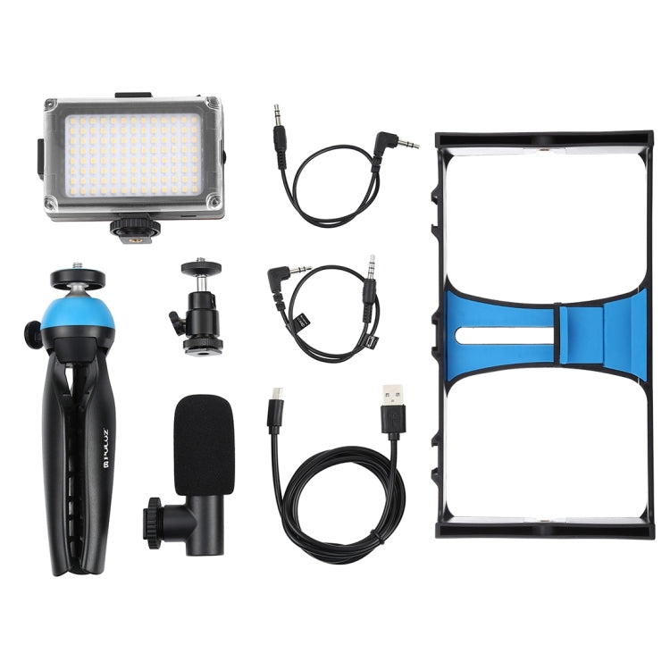 PULUZ 4 in 1 Vlogging Live Broadcast LED Selfie Light Smartphone Video Rig Kits with Microphone + Tripod Mount + Cold Shoe Tripod Head for iPhone, Galaxy, Huawei, Xiaomi, HTC, LG, Google, and Other Smartphones(Blue) - Camera Cage by PULUZ | Online Shopping UK | buy2fix