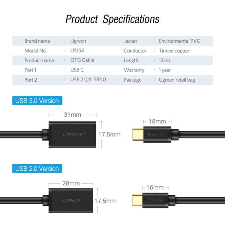 UGREEN 13cm USB 3.0 Female to USB-C / Type-C Male OTG Converter Adapter Cable (Black) - OTG Adapter by UGREEN | Online Shopping UK | buy2fix