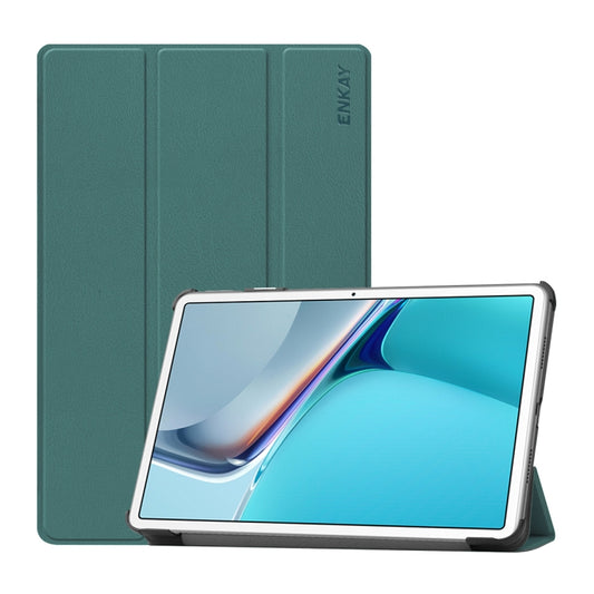 For Huawei MatePad 11 2021 ENKAY Custer Texture Horizontal Flip PU+PC Leather Case with Three-folding Holder & Sleep / Wake-up Function(Dark Green) - Huawei by ENKAY | Online Shopping UK | buy2fix