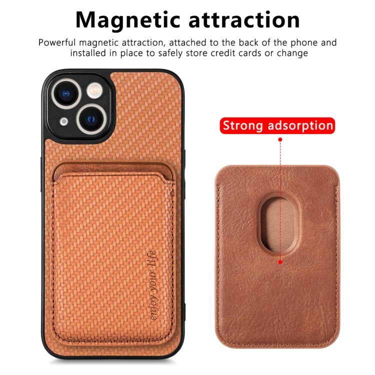 For iPhone 13 mini Carbon Fiber Leather Card Magsafe Magnetic Phone Case(Brown) - iPhone 13 mini Cases by buy2fix | Online Shopping UK | buy2fix