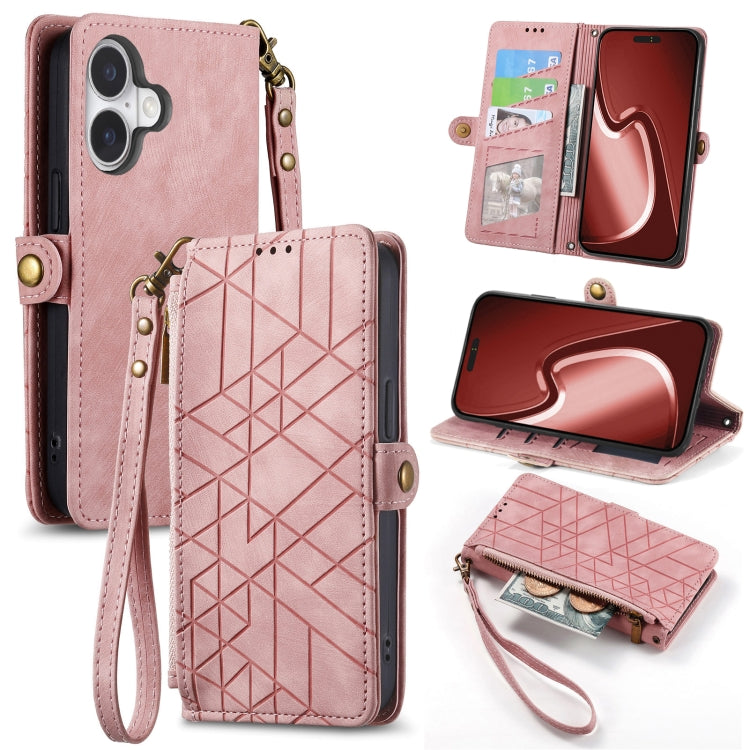 For iPhone 16 Plus Geometric Zipper Wallet Side Buckle Leather Phone Case(Pink) - iPhone 16 Plus Cases by buy2fix | Online Shopping UK | buy2fix