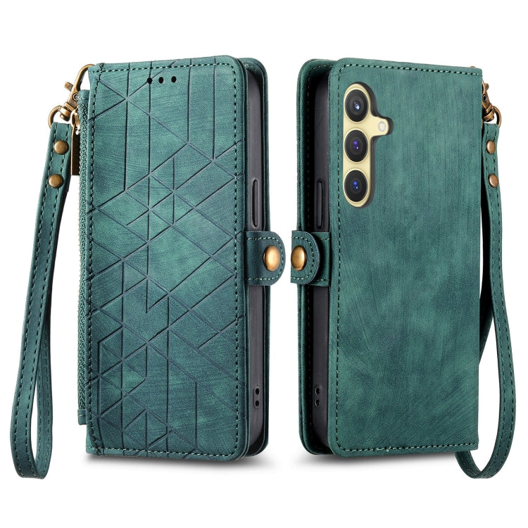 For Samsung Galaxy S25 5G Geometric Zipper Wallet Side Buckle Leather Phone Case(Green) - Galaxy S25 5G Cases by buy2fix | Online Shopping UK | buy2fix