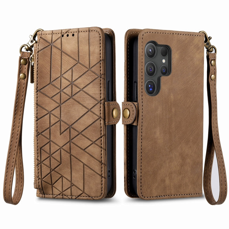 For Samsung Galaxy S25 Ultra 5G Geometric Zipper Wallet Side Buckle Leather Phone Case(Brown) - Galaxy S25 Ultra 5G Cases by buy2fix | Online Shopping UK | buy2fix