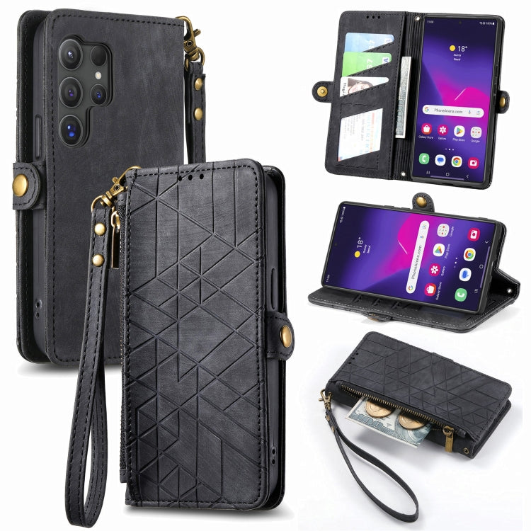 For Samsung Galaxy S25 Ultra 5G Geometric Zipper Wallet Side Buckle Leather Phone Case(Black) - Galaxy S25 Ultra 5G Cases by buy2fix | Online Shopping UK | buy2fix