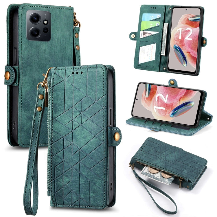 For Xiaomi Redmi Note 12 4G Geometric Zipper Wallet Side Buckle Leather Phone Case(Green) - Xiaomi Cases by buy2fix | Online Shopping UK | buy2fix