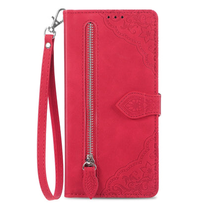 For Samsung Galaxy S24 Ultra 5G Embossed Flower Zipper Leather Phone Case(Red) - Galaxy S24 Ultra 5G Cases by buy2fix | Online Shopping UK | buy2fix