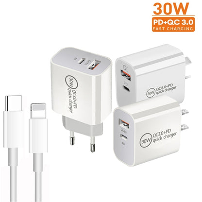 PD30W USB-C / Type-C + QC3.0 USB Dual Port Charger with 1m Type-C to 8 Pin Data Cable, EU Plug - USB Charger by buy2fix | Online Shopping UK | buy2fix