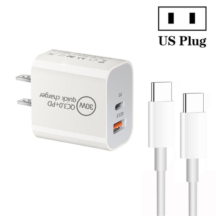 PD30W USB-C / Type-C + QC3.0 USB Dual Port Charger with 1m Type-C to Type-C Data Cable, US Plug - USB Charger by buy2fix | Online Shopping UK | buy2fix