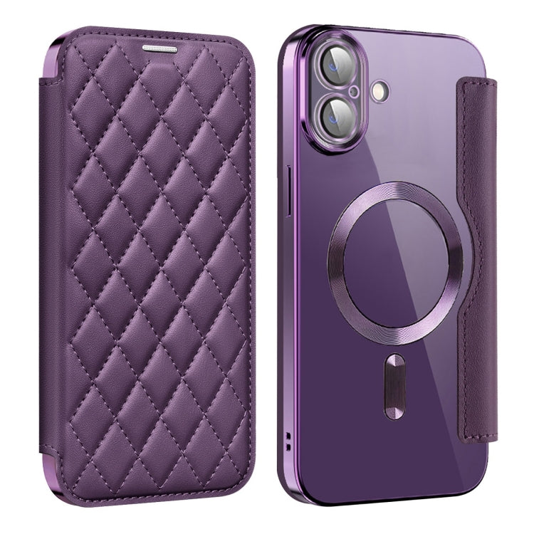 For iPhone 16 Plus Shield Magsafe RFID Anti-theft Rhombus Leather Phone Case(Purple) - iPhone 16 Plus Cases by buy2fix | Online Shopping UK | buy2fix