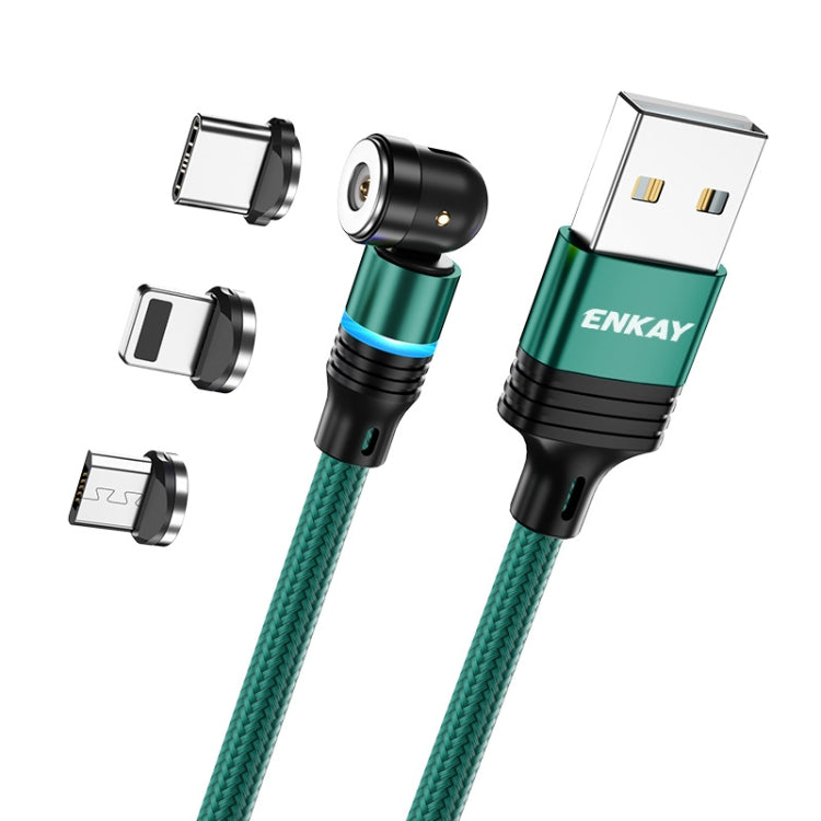 ENKAY 3 in 1 2.4A USB to Type-C / 8 Pin / Micro USB Magnetic 540 Degrees Rotating Charging Cable, Length:2m(Green) - Charging Cable & Head by ENKAY | Online Shopping UK | buy2fix