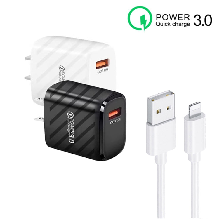 TE-005 QC3.0 18W USB Fast Charger with 1m 3A USB to 8 Pin Cable, US Plug(Black) - USB Charger by buy2fix | Online Shopping UK | buy2fix