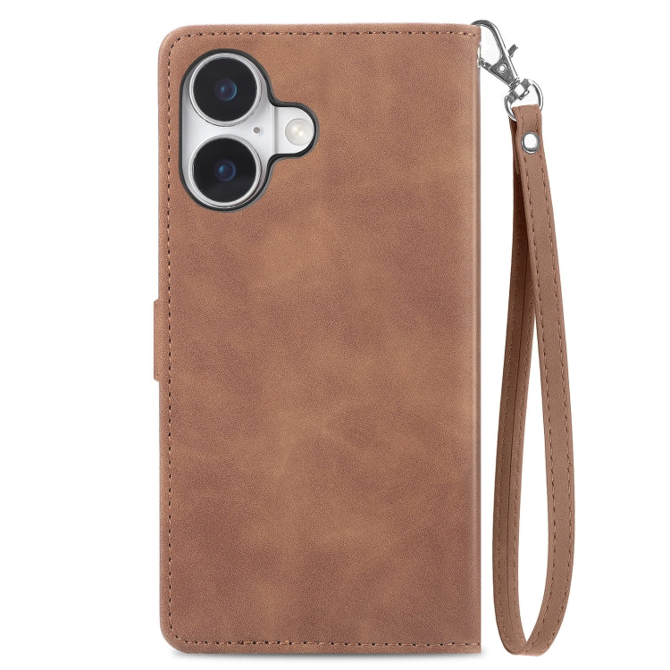 For iPhone 16 Embossed Flower Zipper Leather Phone Case(Brown) - iPhone 16 Cases by buy2fix | Online Shopping UK | buy2fix