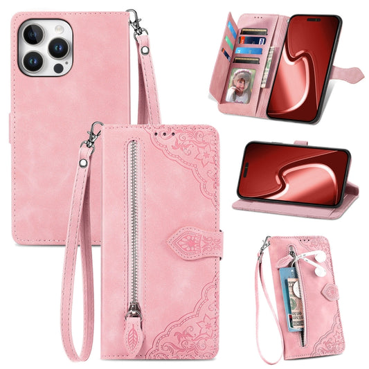 For iPhone 16 Pro Max Embossed Flower Zipper Leather Phone Case(Pink) - iPhone 16 Pro Max Cases by buy2fix | Online Shopping UK | buy2fix