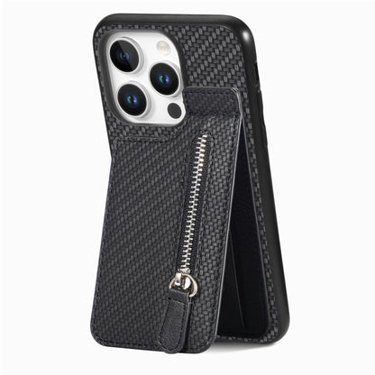 For iPhone 16 Pro Carbon Fiber Vertical Flip Zipper Phone Case(Black) - iPhone 16 Pro Cases by buy2fix | Online Shopping UK | buy2fix