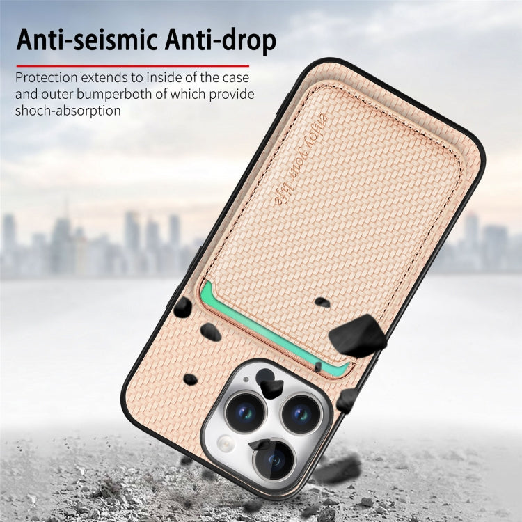 For iPhone 16 Pro Carbon Fiber Leather Card Magsafe Phone Case(Khaki) - iPhone 16 Pro Cases by buy2fix | Online Shopping UK | buy2fix