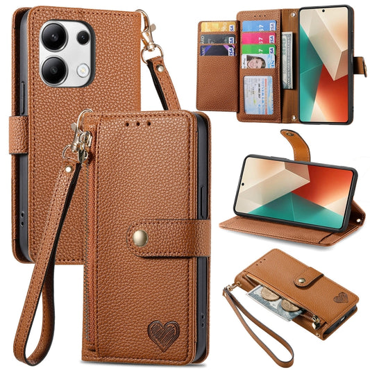 For Xiaomi Redmi Note 13 4G Love Zipper Lanyard Leather Phone Case(Brown) - Note 13 Cases by buy2fix | Online Shopping UK | buy2fix