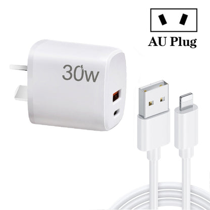 PD30W USB-C / Type-C + QC3.0 USB Charger with 1m USB to 8 Pin Data Cable, AU Plug(White) - USB Charger by buy2fix | Online Shopping UK | buy2fix