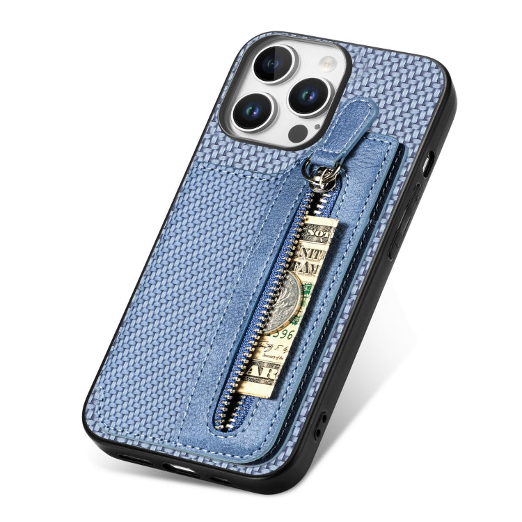 For iPhone 16 Pro Carbon Fiber Horizontal Flip Zipper Wallet Phone Case(Blue) - iPhone 16 Pro Cases by buy2fix | Online Shopping UK | buy2fix