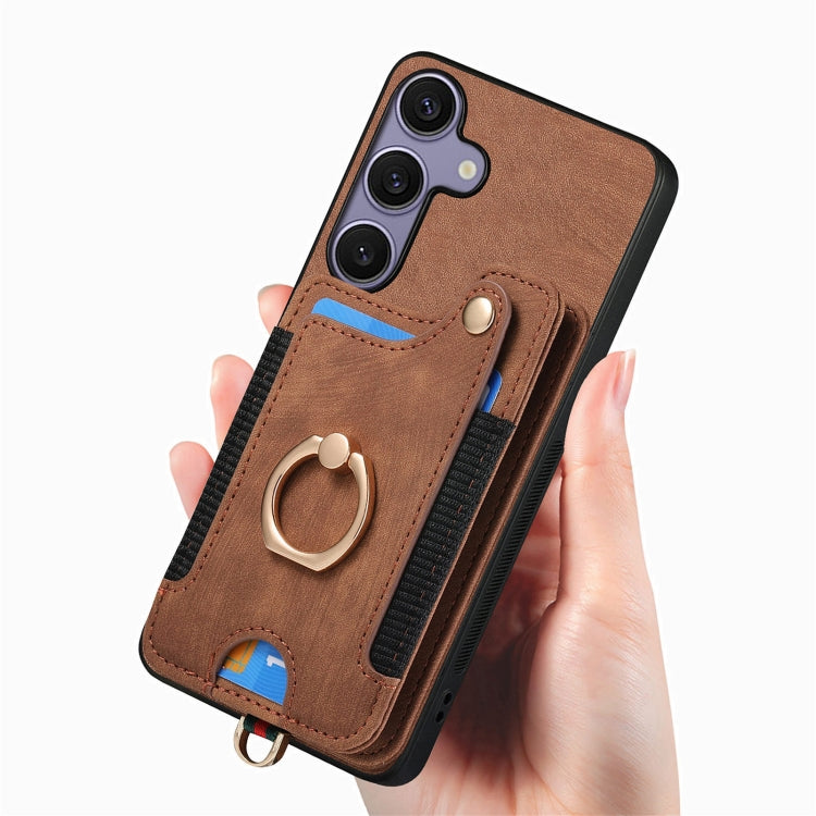 For Samsung Galaxy S25+ 5G Retro Skin-feel Ring Multi-card Wallet Phone Case(Brown) - Galaxy S25+ 5G Cases by buy2fix | Online Shopping UK | buy2fix