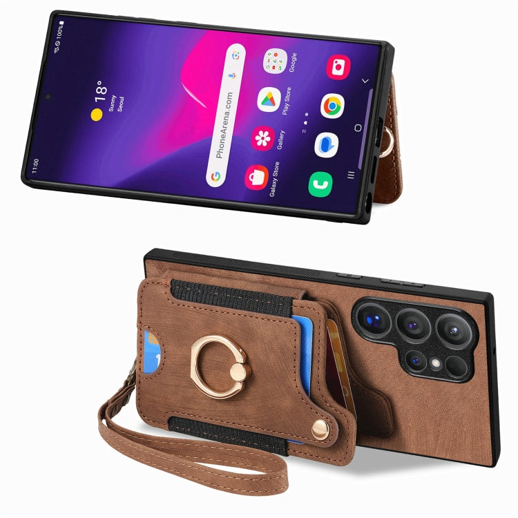 For Samsung Galaxy S25 Ultra 5G Retro Skin-feel Ring Multi-card Wallet Phone Case(Brown) - Galaxy S25 Ultra 5G Cases by buy2fix | Online Shopping UK | buy2fix