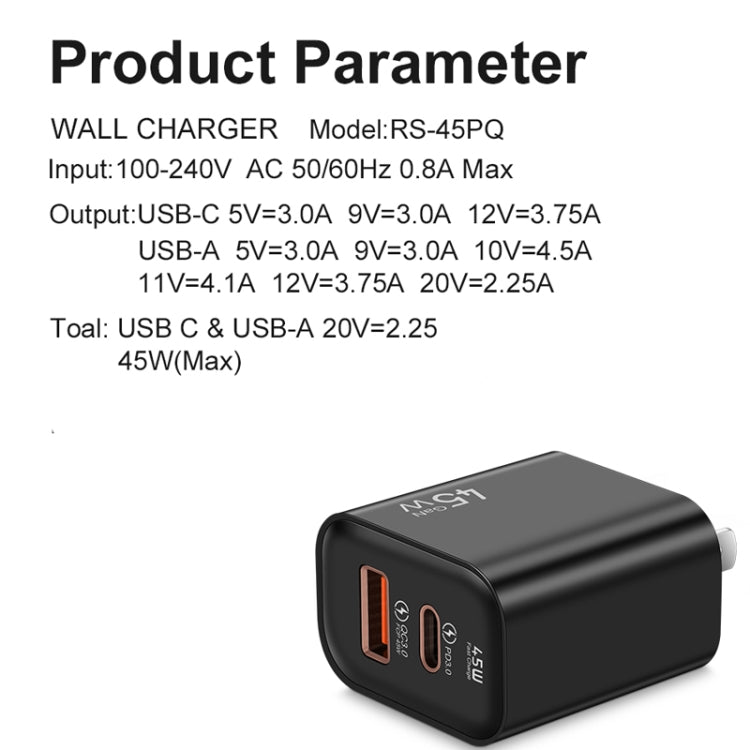 45PQ 45W PD25W + QC3.0 20W USB Fully Compatible Super Fast Charger, US Plug(Black) - USB Charger by buy2fix | Online Shopping UK | buy2fix