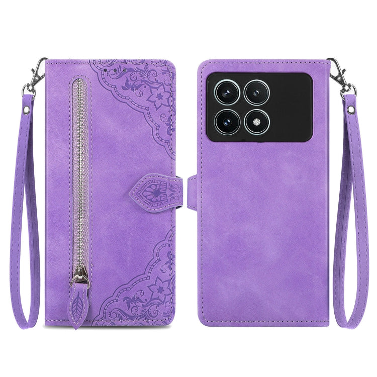 For Xiaomi Redmi K70 Pro Embossed Flower Zipper Leather Phone Case(Purple) - K70 Pro Cases by buy2fix | Online Shopping UK | buy2fix