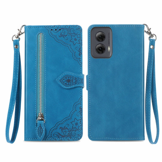 For Motorola Moto G Power 5G 2024 Embossed Flower Zipper Leather Phone Case(Blue) - Motorola Cases by buy2fix | Online Shopping UK | buy2fix