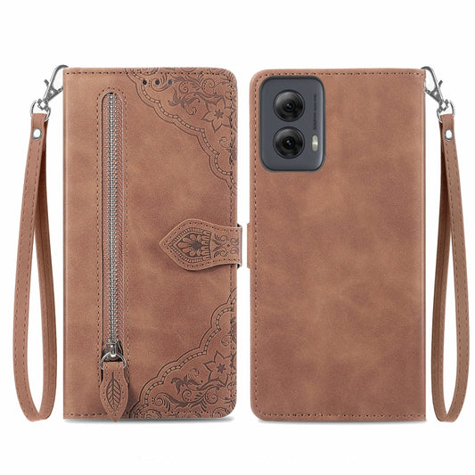 For Motorola Moto G Power 5G 2024 Embossed Flower Zipper Leather Phone Case(Brown) - Motorola Cases by buy2fix | Online Shopping UK | buy2fix