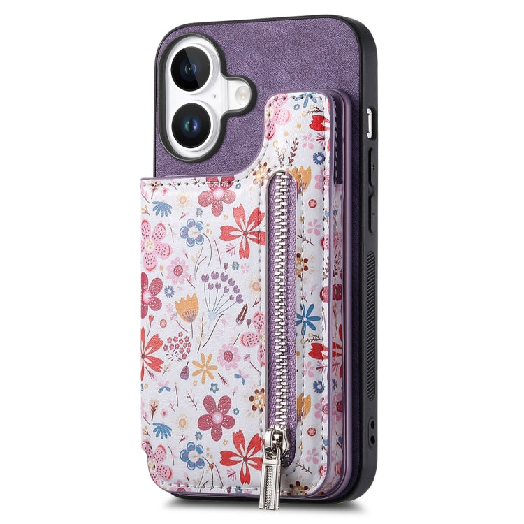 For iPhone 16 Plus Retro Painted Zipper Wallet Back Phone Case(Purple) - iPhone 16 Plus Cases by buy2fix | Online Shopping UK | buy2fix