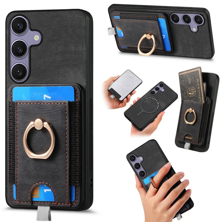 For Samsung Galaxy S25+ 5G Retro Splitable Magnetic Card Bag Leather Phone Case(Black) - Galaxy Phone Cases by buy2fix | Online Shopping UK | buy2fix