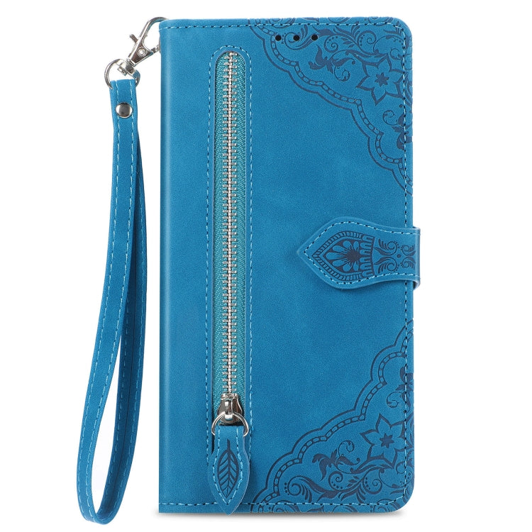 For Xiaomi 14 Embossed Flower Zipper Leather Phone Case(Blue) - 14 Cases by buy2fix | Online Shopping UK | buy2fix