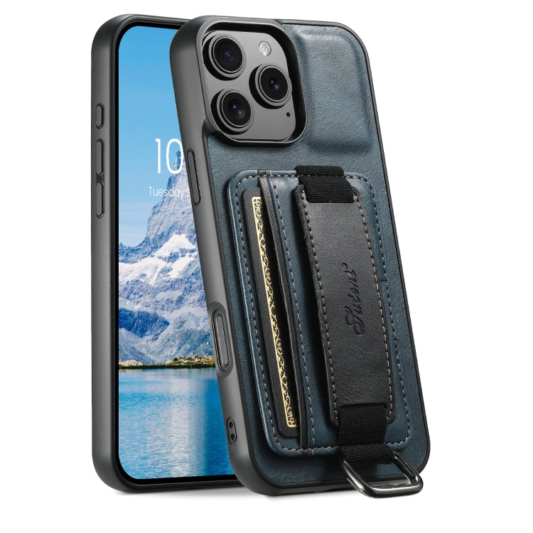 For iPhone 16 Pro Max Suteni H13 Card Wallet Wrist Strap Holder PU Phone Case(Blue) - iPhone 16 Pro Max Cases by Suteni | Online Shopping UK | buy2fix