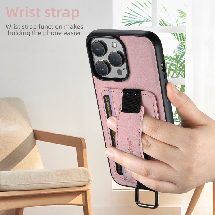 For iPhone 16 Pro Suteni H13 Litchi Leather Wrist Strap Wallet Back Phone Case(Pink) - iPhone 16 Pro Cases by Suteni | Online Shopping UK | buy2fix