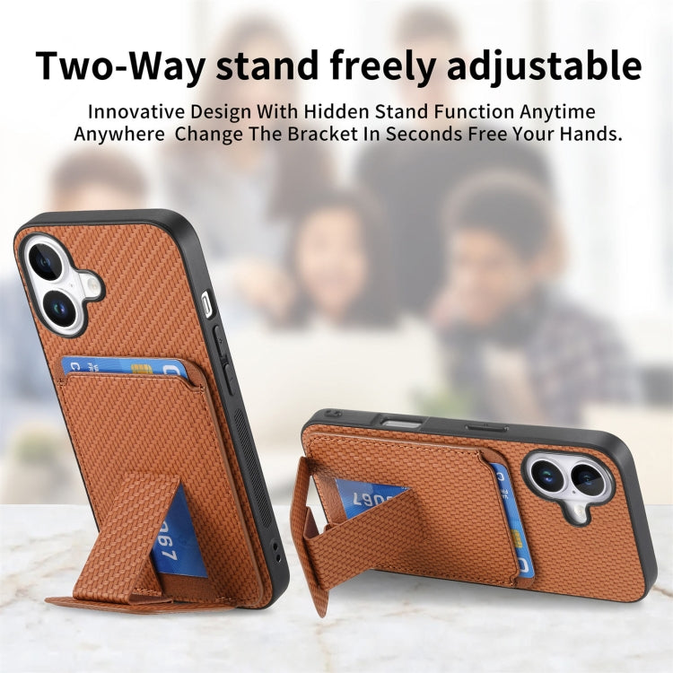 For iPhone 16 Carbon Fiber Card Bag Fold Stand Phone Case(Brown) - iPhone 16 Cases by buy2fix | Online Shopping UK | buy2fix