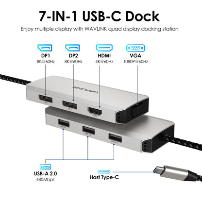 WAVLINK WL-UMD307 Type-C to 2DP + 4K HD + VGA + 3 x USB2.0 HUB Docking Station - USB HUB by WAVLINK | Online Shopping UK | buy2fix