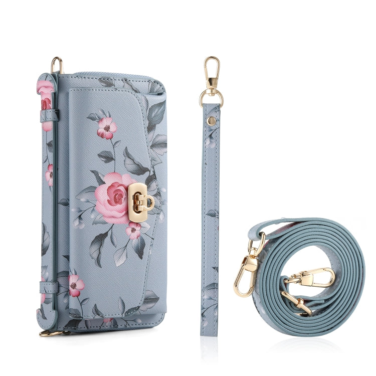 For iPhone 14 Pro MagSafe Flower Multi-functional Crossbody Zipper Wallet Leather Phone Case(Blue) - iPhone 14 Pro Cases by buy2fix | Online Shopping UK | buy2fix