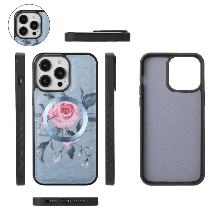 For iPhone 14 Plus MagSafe Flower Multi-functional Crossbody Zipper Wallet Leather Phone Case(Blue) - iPhone 14 Plus Cases by buy2fix | Online Shopping UK | buy2fix