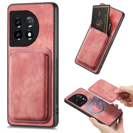 For OnePlus 11 Retro Leather Card Bag Magnetic Phone Case(Pink) - OnePlus Cases by buy2fix | Online Shopping UK | buy2fix